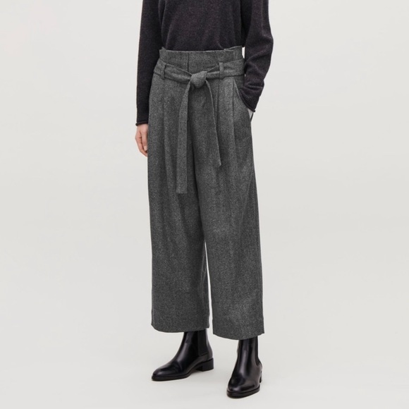 COS Herringbone Gray Wide Leg Belted Tie-Waist Cropped Wool Trouser Pant Size 2 - Picture 10 of 11
